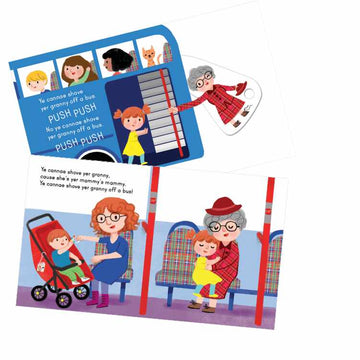 A grandmother in a red plaid coat and hat sits with a child on the blue bus depicted in Floris Books' "Ye Cannae Shove Yer Granny Off A Bus," inspired by a Scottish rhyme. Inside, passengers, toddlers, and a cat are visible.