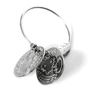 Silver bangle adorned with two zodiac-engraved charms and a small leaf charm, showcasing intricate designs against a smooth finish, echoing the sensory appeal of Yummikeys' stainless steel Woodland Teething Keys.