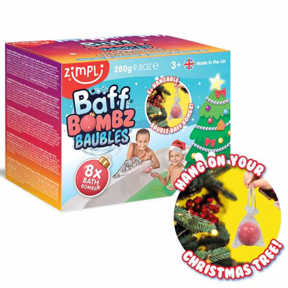 A Zimpli Kids Baff Bombz Baubles package, featuring colorful fizzing bath bombs, shows kids bathing and a decorated Christmas tree. An inset displays a skin-safe bath bomb on a tree branch with the text: "Hang on your Christmas tree!.