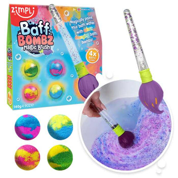 A box labeled "Baff Bombz Magic Brush" by Zimpli Kids beside vibrant, eco-friendly bath bombs. A hand stirs water with the purple-bulbed Baff Bombz Magic Brush, creating a pink and blue swirl, while four colorful bath bombs bubble up magical fizzing fun in the tub.