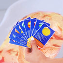 A hand displays a fan of colorful cards with planetary illustrations and a vibrant swirl from a biodegradable Zimpli Kids' Baff Bombz Solar System bath bomb, merging fun and learning into an educational bath time adventure.