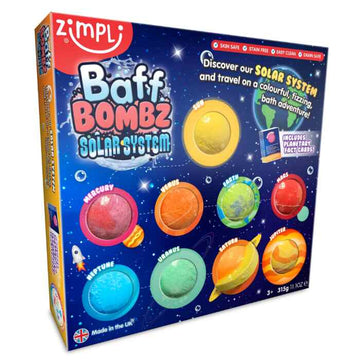 Zimpli Kids' Baff Bombz Solar System offers a vibrant, biodegradable bath bomb set shaped as planets: Mercury, Venus, Earth, Mars, Jupiter, Saturn, Uranus, and Neptune. Designed for kids aged 3 and up, it combines educational fun with colorful packaging for an exciting bath time experience.