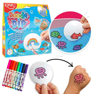 The Doodle 'N' Dip package by Zimpli Kids includes magic markers and features a hand drawing a pink octopus. An inset circle displays the octopus floating on water, showcasing its unique floating pictures feature.