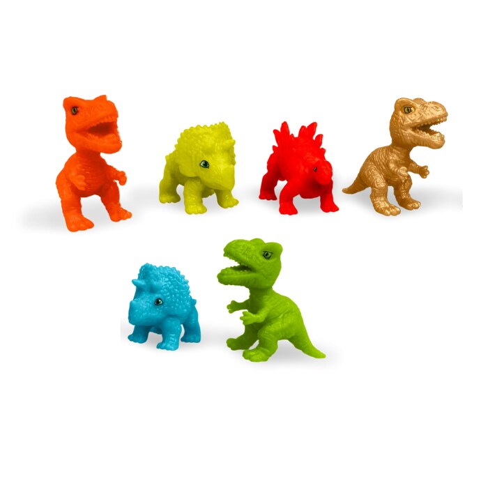 Zimpli Kids' Dino Surprise Figure Baff Bombz showcases colorful dinosaur toys in two rows. The top displays orange, yellow, and red dinos; the bottom features blue, light green, and brown ones on a white background. These child-friendly companions spark endless imagination.