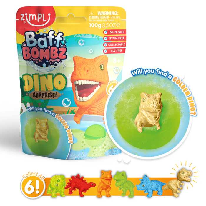 The Zimpli Kids Dino Surprise Figure Baff Bombz package showcases a dinosaur illustration and a green bubbling bath bomb containing a toy dinosaur. The child-friendly text asks, "Will you find a Golden Dino?" and displays six collectible dino figures at the bottom.