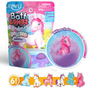 The Zimpli Unicorn Surprise Figure Baff Bombz packaging showcases a pink unicorn amidst a bubbly bath bomb scene. The text poses the question, "Will you find a biodegradable gemstone unicorn?" At the bottom, six collectible unicorn figures are featured.