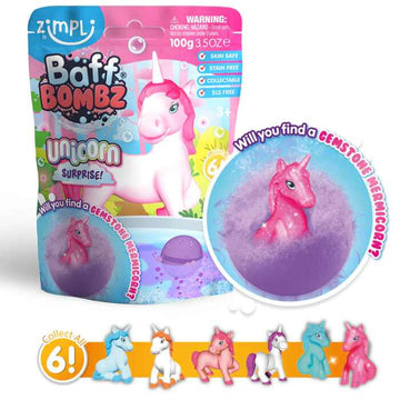 The Zimpli Unicorn Surprise Figure Baff Bombz packaging showcases a pink unicorn amidst a bubbly bath bomb scene. The text poses the question, "Will you find a biodegradable gemstone unicorn?" At the bottom, six collectible unicorn figures are featured.