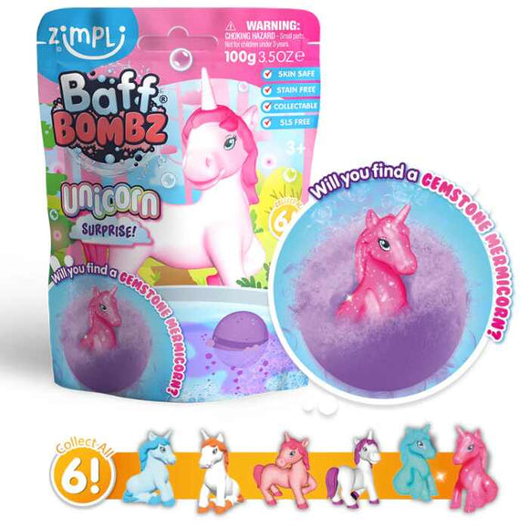 The Zimpli Unicorn Surprise Figure Baff Bombz packaging showcases a pink unicorn amidst a bubbly bath bomb scene. The text poses the question, "Will you find a biodegradable gemstone unicorn?" At the bottom, six collectible unicorn figures are featured.