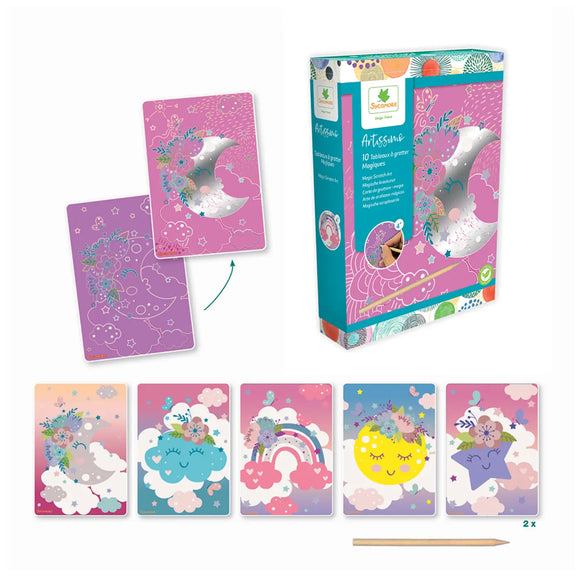 Set of colourful scratch art boards with a box labeled 'Artissimo' on a white background