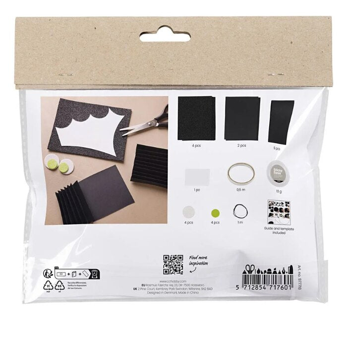 The Creativ Company Mini Craft Kit Paper Decorations, Bat, includes black sheets, a foam circle, a ring, and step-by-step illustrated instructions to create spooky Halloween bats with perfect assembly cutouts and tools.