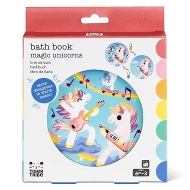 Bath book packaging with unicorns and music notes on a colorful background