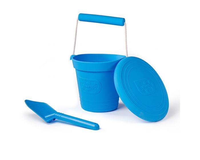 Blue silicone bucket with blue frisbee and spade.