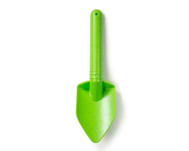 The Toy Shop's Eco Spade is a bright green garden trowel made from eco-friendly wheat fiber, featuring a pointed blade and sturdy handle, isolated on a white background.