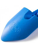 Close-up of The Toy Shop's Eco Spade in blue, featuring a logo with a puzzle piece and text. Made from sustainable wheat fibre, this eco-friendly toy spade has a pointed tip and smooth, curved surface.