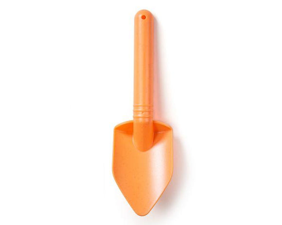 The Toy Shop's Eco Spade, in vibrant orange, features a uniquely pointed blade and rounded handle, perfect for activities and crafted from eco-friendly plastic. It is isolated on a white background.