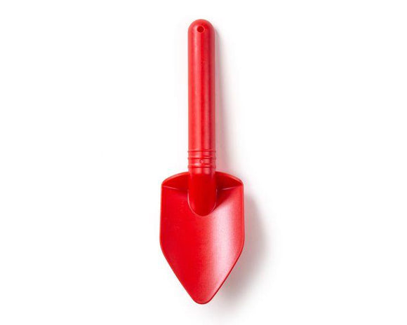 The Toy Shop's Eco Spade is a small, red, eco-friendly toy spade with a pointed blade and wheat fibre handle, shown on a white background.
