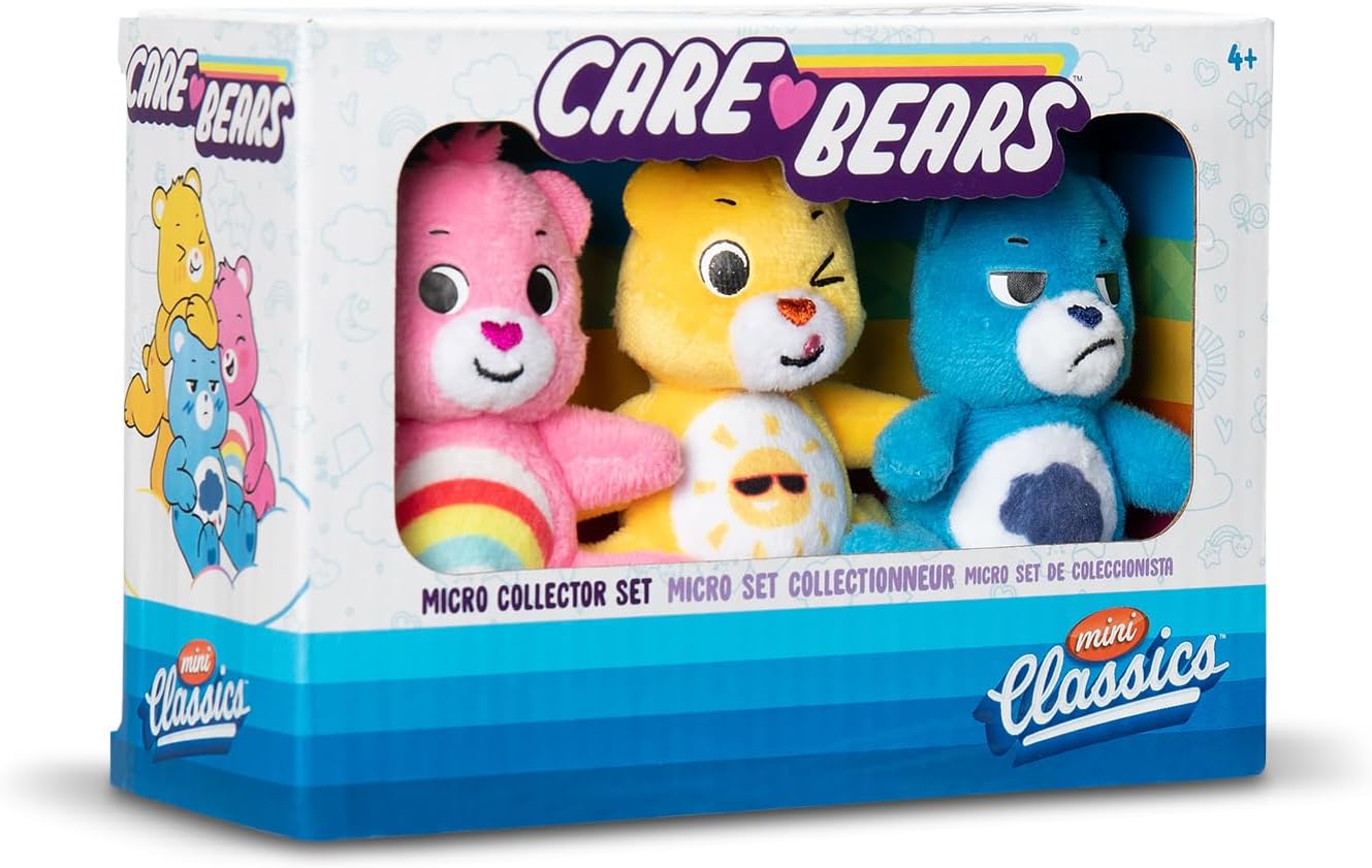 A toy box featuring the Care Bears Mini Classics Micro Plush 3-Pack by Basic Fun, which includes a collector set of three micro plush Care Bears: one pink, one yellow, and one blue. The packaging highlights the iconic Care Bears logo along with a "Mini Classics" label.