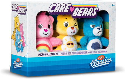 A toy box featuring the Care Bears Mini Classics Micro Plush 3-Pack by Basic Fun, which includes a collector set of three micro plush Care Bears: one pink, one yellow, and one blue. The packaging highlights the iconic Care Bears logo along with a "Mini Classics" label.