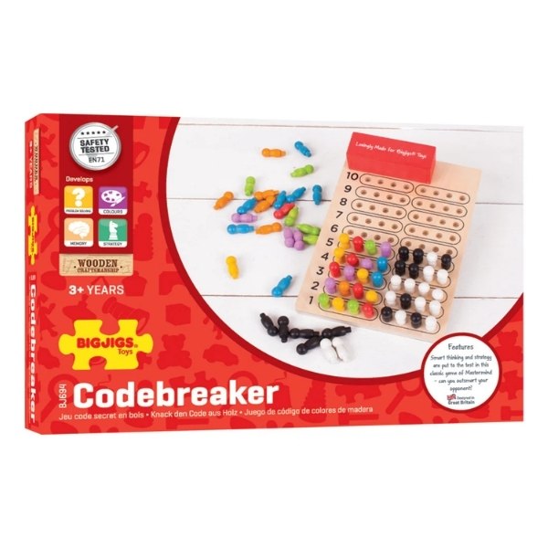 The colorful "Codebreaker" board game by BIGJIGS is a strategic treat with wooden pegs and a hole-row game board to hone young minds. Compact, travel-friendly, and safe, it's ideal for ages 3+, highlighting educational value.