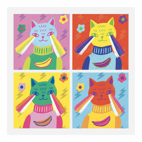 The Djeco "Inspired by Andy Warhol - Collage Activity" features a pop art style illustration of a cat in four colorful panels, wearing a banana-print sweater and rainbow-striped cheeks against floral and lightning motif backgrounds.