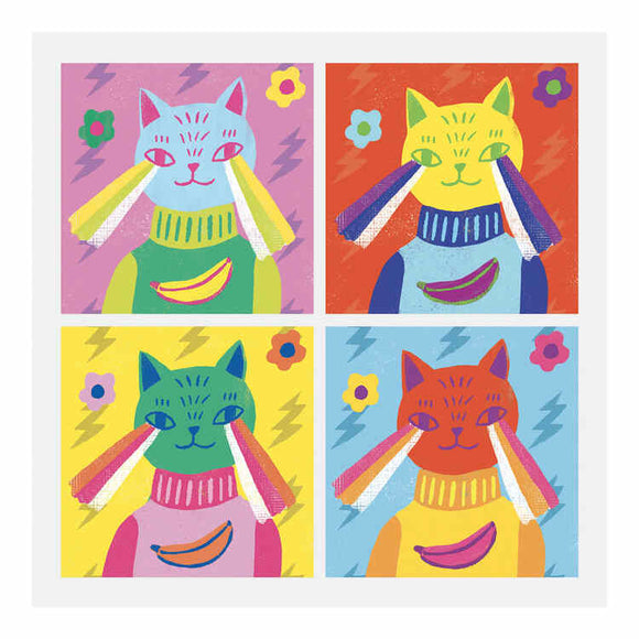 The Djeco "Inspired by Andy Warhol - Collage Activity" features a pop art style illustration of a cat in four colorful panels, wearing a banana-print sweater and rainbow-striped cheeks against floral and lightning motif backgrounds.