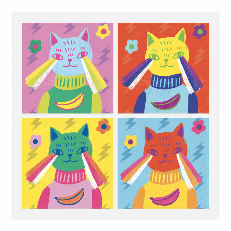 The Djeco "Inspired by Andy Warhol - Collage Activity" features a pop art style illustration of a cat in four colorful panels, wearing a banana-print sweater and rainbow-striped cheeks against floral and lightning motif backgrounds.