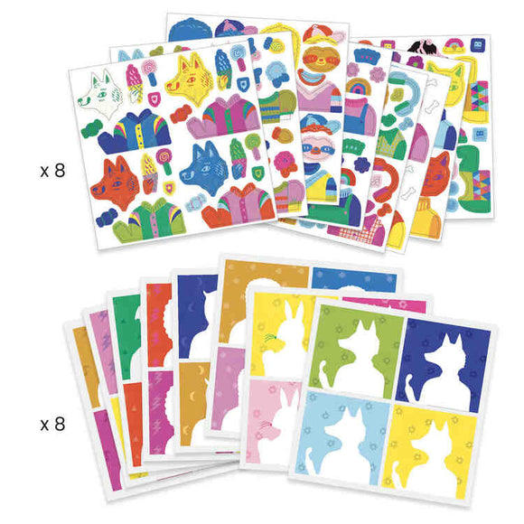 Djeco's "Inspired by Andy Warhol - Collage Activity" offers two sets of 8 colorful craft sticker sheets featuring vibrant cat designs and playful patterns, reminiscent of an Andy Warhol collage.