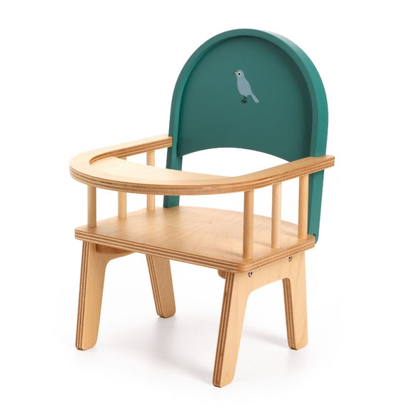 The Djeco Baby Chair by Djeco is a charming wooden toddler chair, crafted from FSC certified wood. It showcases a teal backrest adorned with a delightful bird illustration. The chair features a rounded safety bar and boasts a simple design, making it perfect for little ones to use while feeding dolls or engaging in imaginative play.