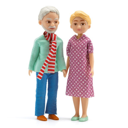 The Djeco Dolls' House - The Grandparents features two articulated figures: an older man with white hair, a light green shirt, and a red and white scarf, alongside an older woman in a purple patterned dress. Ideal companions for the Djeco City House or any dollhouse scene.