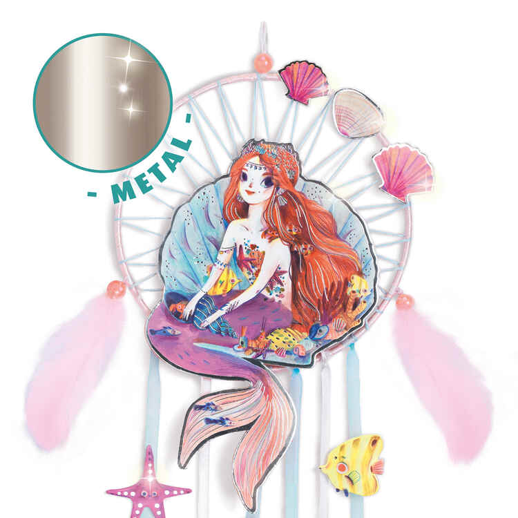 The DIY Mermaid Dreamcatcher by Djeco features a red-haired mermaid on a shell, adorned with pink feathers, starfish, colorful seashells, and shiny metal details in the upper left corner.