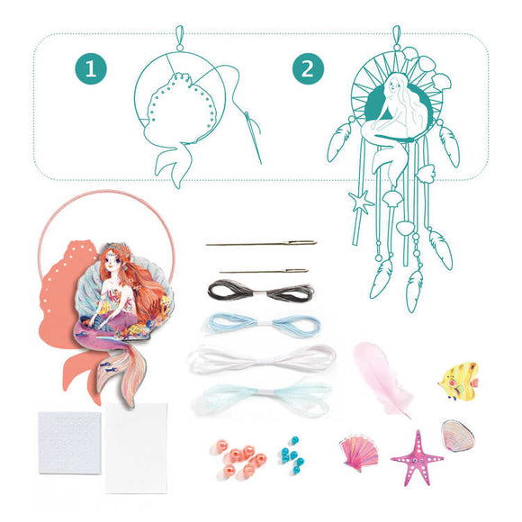 Unleash your creativity with the Djeco DIY Mermaid Dreamcatcher kit. This delightful decorative piece includes paper cutouts, threads, beads, a pink feather, fish, starfish, shells, a needle, and adhesive sheets. Illustrated instructions make it easy to create magic in any space.