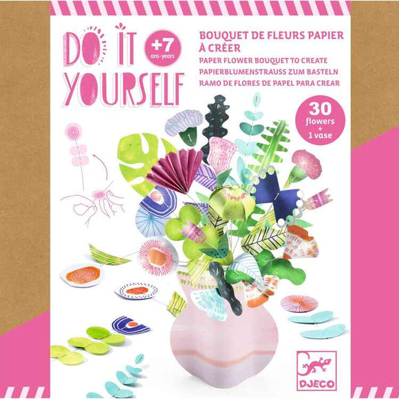 Djeco's DIY Paper Flower Bouquet box cover showcases a vibrant assortment of paper flowers and leaves arranged in a pink vase. It includes multilingual text that states, "Do it Yourself" and "30 flowers, 1 vase," and is recommended for ages 7 and up.
