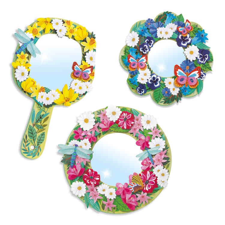 The DIY Flower Mirrors by Djeco include three vibrant mirrors adorned with floral and butterfly designs: one hand-held with yellow and white flowers, one circular with blue and pink blooms, and one featuring mixed flowers in pink and white—ideal for vibrant decorations.