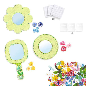 Explore the Djeco DIY Flower Mirrors kit, featuring three handheld mirrors with decorative green frames. The set includes adhesive foam sheets, small decorative flowers and butterflies, plus an array of colorful flower and butterfly cutouts for perfect floral-themed decorations.