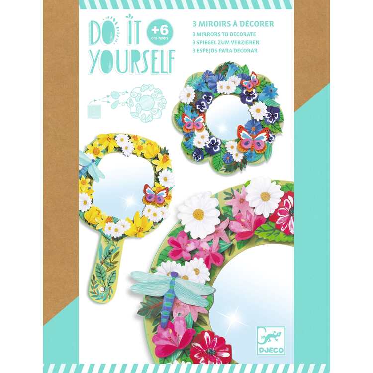 The DIY Flower Mirrors kit by Djeco offers kids 6+ a creative way to decorate mirrors with three floral-themed designs, including flowers, butterflies, and a dragonfly. Ideal for crafting beautiful decorations that brighten any space.