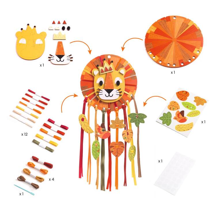 The Djeco DIY Lion Dreamcatcher is a kids' craft kit perfect for developing fine motor skills. It includes a lion face with a crown, colorful threads, leaf shapes, and adhesive stickers. The design features vibrant hanging leaves in orange, yellow, and brown.