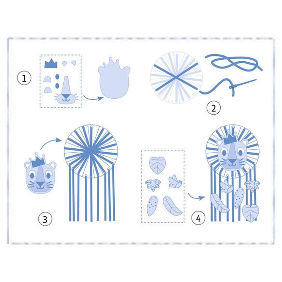 The Djeco DIY Lion Dreamcatcher kit provides four-step craft instructions to create a lion face using cutout paper shapes, assembling a circular mane with string like a dream catcher, attaching facial elements, and adding decorations to boost fine motor skills.