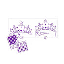 Illustration of two crown outlines with decorative gemstone stickers. Step 1: Use glitter mosaic stickers from Djeco's DIY Mosaic Tiaras to create a Princess tiara kit. Step 2: Attach a string to wear it. Stickers include circles and gem shapes, perfect for crafting royalty.