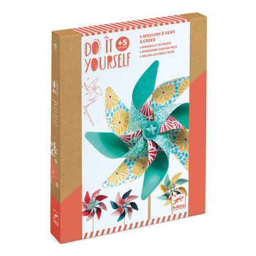 The DIY Windmills kit by Djeco features a vibrant decorative windmill adorned with floral designs. The phrases "Do It Yourself" and "4 Windmills to Create" are highlighted on the box, crafted from FSC certified paper. This creative kit is suitable for children aged 5 and up.