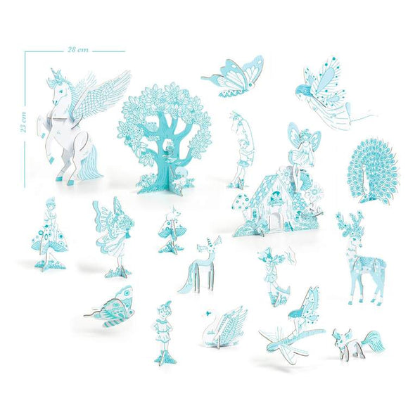 Introducing the "Colour, Assemble & Play - Fairy World" by Djeco: a delightful creative kit with intricate papercraft figures in light blue, including a unicorn, tree, fairies, butterfly, deer, peacock, and a small house. These charming elements evoke the enchantment of a Fairy World. The set is elegantly displayed against a white background with dimensions marked at 28 cm by 29 cm.