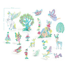 The "Colour, Assemble & Play - Fairy World" by Djeco offers a whimsical array of vibrant cut-out illustrations showcasing enchanting characters such as a unicorn with measurements, fairies, peacocks, trees, and other mythical creatures from the Fairy World.