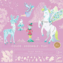 The cover of the Colour, Assemble & Play - Fairy World kit from Djeco is brimming with vibrant and enchanting characters such as a fairy, unicorn, deer, elf, and bird. The background is adorned with whimsical starry shapes. It comes with instructions for coloring, assembling, and playing and is perfectly suited for children aged 5 and up.