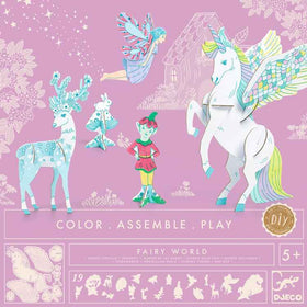 The cover of the Colour, Assemble & Play - Fairy World kit from Djeco is brimming with vibrant and enchanting characters such as a fairy, unicorn, deer, elf, and bird. The background is adorned with whimsical starry shapes. It comes with instructions for coloring, assembling, and playing and is perfectly suited for children aged 5 and up.