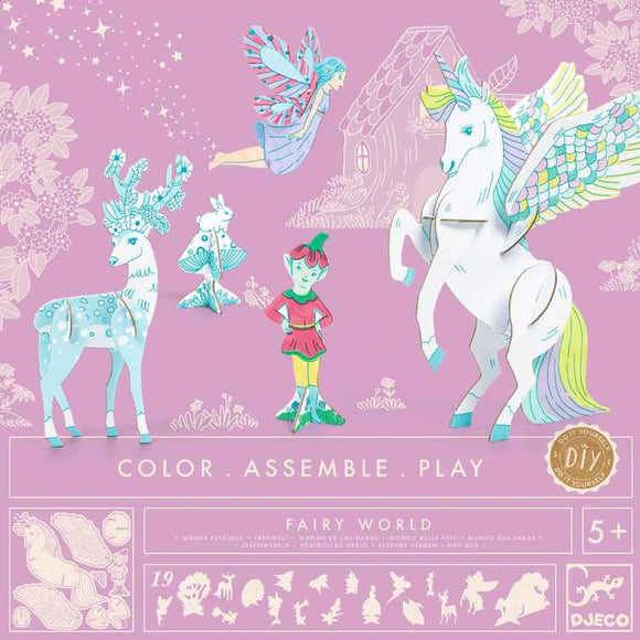 The cover of the Colour, Assemble & Play - Fairy World kit from Djeco is brimming with vibrant and enchanting characters such as a fairy, unicorn, deer, elf, and bird. The background is adorned with whimsical starry shapes. It comes with instructions for coloring, assembling, and playing and is perfectly suited for children aged 5 and up.