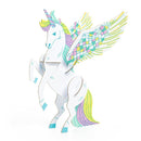Introducing the Djeco "Colour, Assemble & Play - Fairy World," featuring a vibrant cardboard cutout of a unicorn with wings standing on its hind legs. This delightful creation showcases stunning shades of pink, yellow, green, and blue across its mane, tail, wings, and hooves.