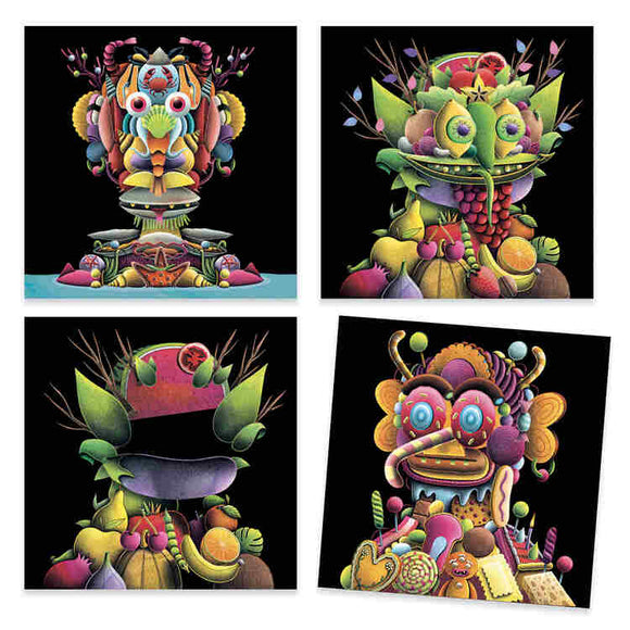 The Djeco "Inspired by Giuseppe Arcimboldo - Collage Activity" features four abstract illustrations resembling futuristic masks with vibrant geometric shapes, patterns, and textures using bright colors like pink, green, yellow, and orange on a black background.