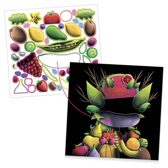 The Djeco "Inspired by Giuseppe Arcimboldo - Collage Activity" features a vibrant puzzle set with fruit and vegetable shapes like grapes, oranges, and peppers, and includes a completed face on a black background for creative assembly.