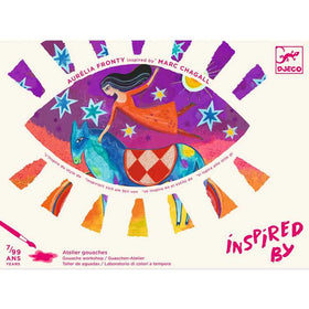 The Djeco "Inspired by Marc Chagall - Painting Activity" features a colorful surrealist design with a person on a blue horse surrounded by abstract elements like stars and colorful shapes in an eye, evoking Chagall's dreamlike charm. Includes artist names and gouache paint workshop details.