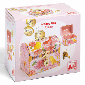 The Birds Money Box, a pink wooden piggy bank by Djeco, is packaged in a decorative floral box with birds. It features an image of the money box, a key, coin illustrations, bilingual text in English and French, and the "Little Big Room by Djeco" logo.