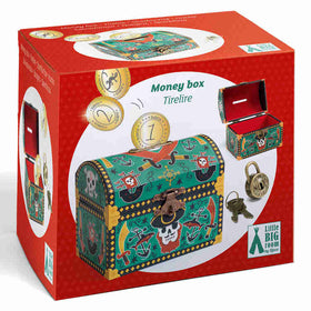 The Djeco Pirate Money Box package presents a vibrant pirate theme with a chest design that includes skull and crossbones imagery, coins, and an open padlock accompanied by keys. This pirate money bank features detailed illustrations of the savings box and its locking mechanism.